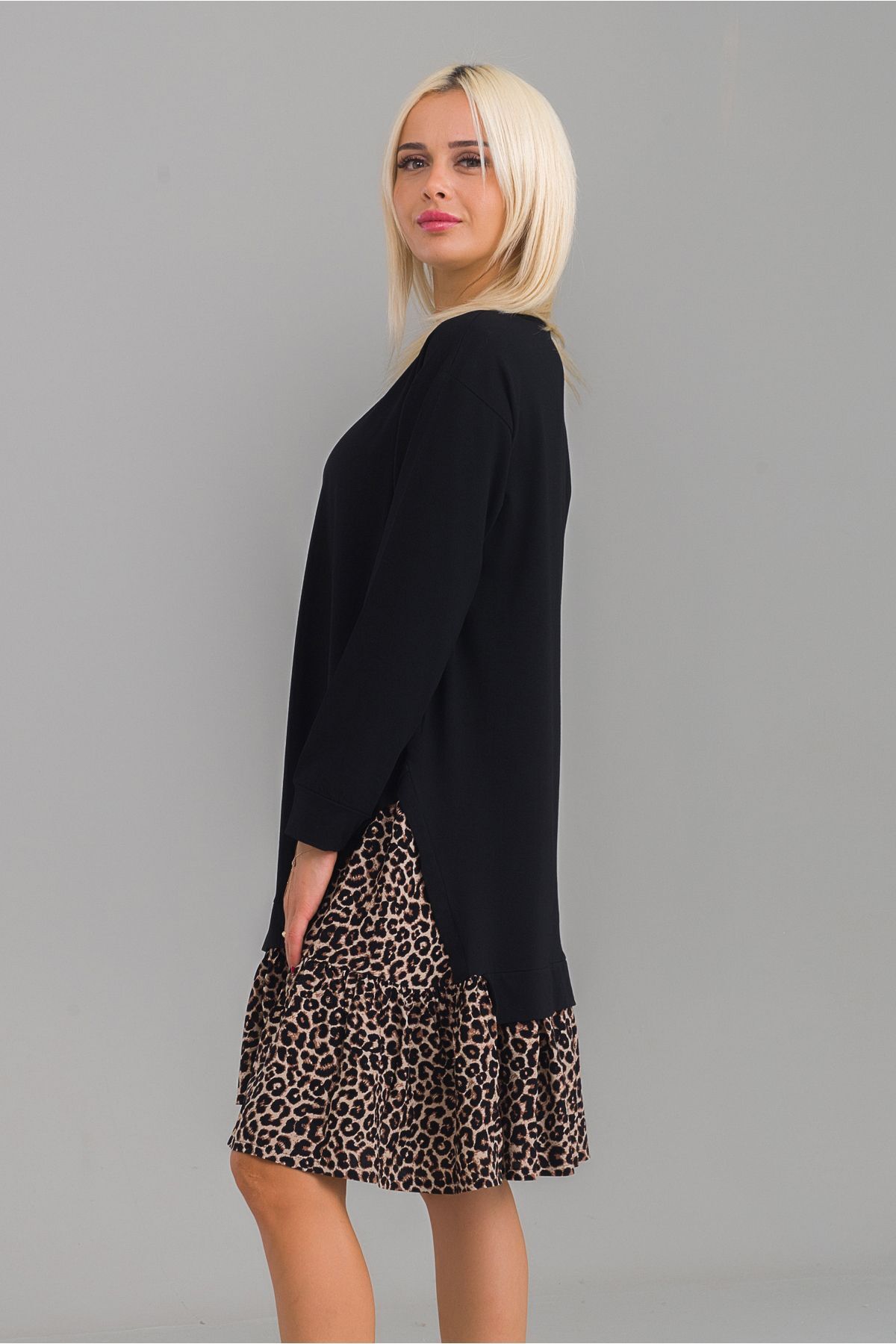 Kadın Siyah Renk Pamuk Likra Örme Kumaş Viskon Leopar Baskı Kombinli Elbise XS - Siyah Bel Leopar Baskı