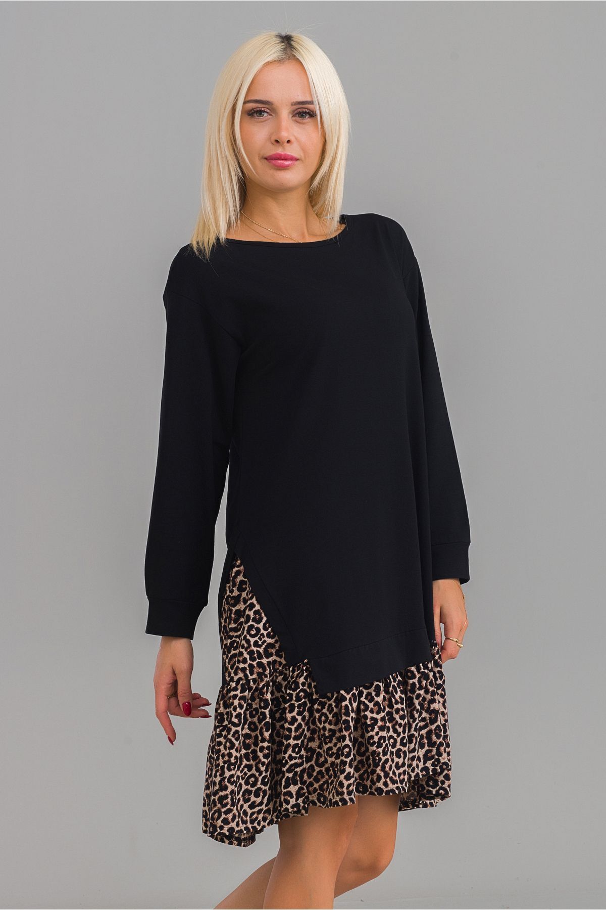 Kadın Siyah Renk Pamuk Likra Örme Kumaş Viskon Leopar Baskı Kombinli Elbise XS - Siyah Bel Leopar Baskı