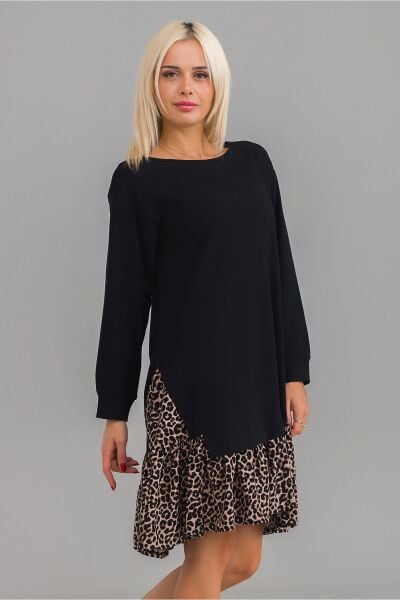 Kadın Siyah Renk Pamuk Likra Örme Kumaş Viskon Leopar Baskı Kombinli Elbise XS - Siyah Bel Leopar Baskı