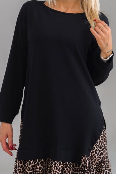 Kadın Siyah Renk Pamuk Likra Örme Kumaş Viskon Leopar Baskı Kombinli Elbise XS - Siyah Bel Leopar Baskı