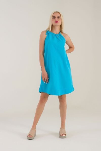 Kadın Etek Ucu Pervazlı Boyundan Bağlamalı Cepli Pamuklu Dokumat Elbise Mavi - S