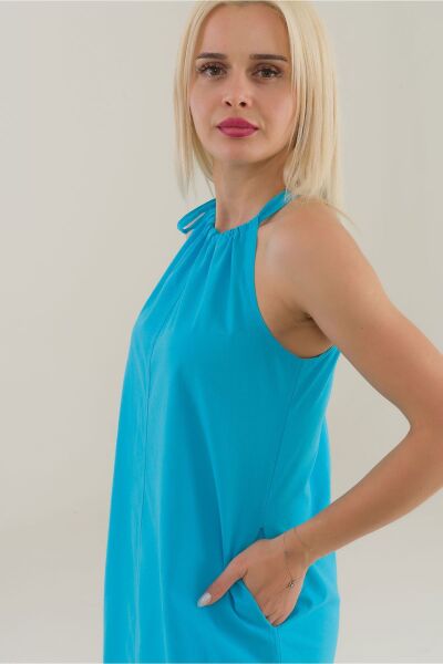 Kadın Etek Ucu Pervazlı Boyundan Bağlamalı Cepli Pamuklu Dokumat Elbise Mavi - S