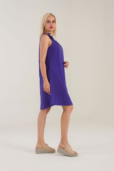 Kadın Etek Ucu Pervazlı Boyundan Bağlamalı Cepli Pamuklu Dokumat Elbise Mor - S