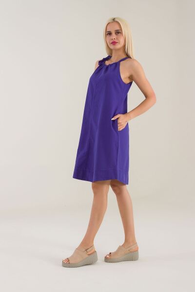 Kadın Etek Ucu Pervazlı Boyundan Bağlamalı Cepli Pamuklu Dokumat Elbise Mor - S