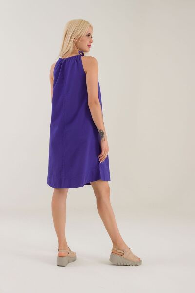 Kadın Etek Ucu Pervazlı Boyundan Bağlamalı Cepli Pamuklu Dokumat Elbise Mor - S