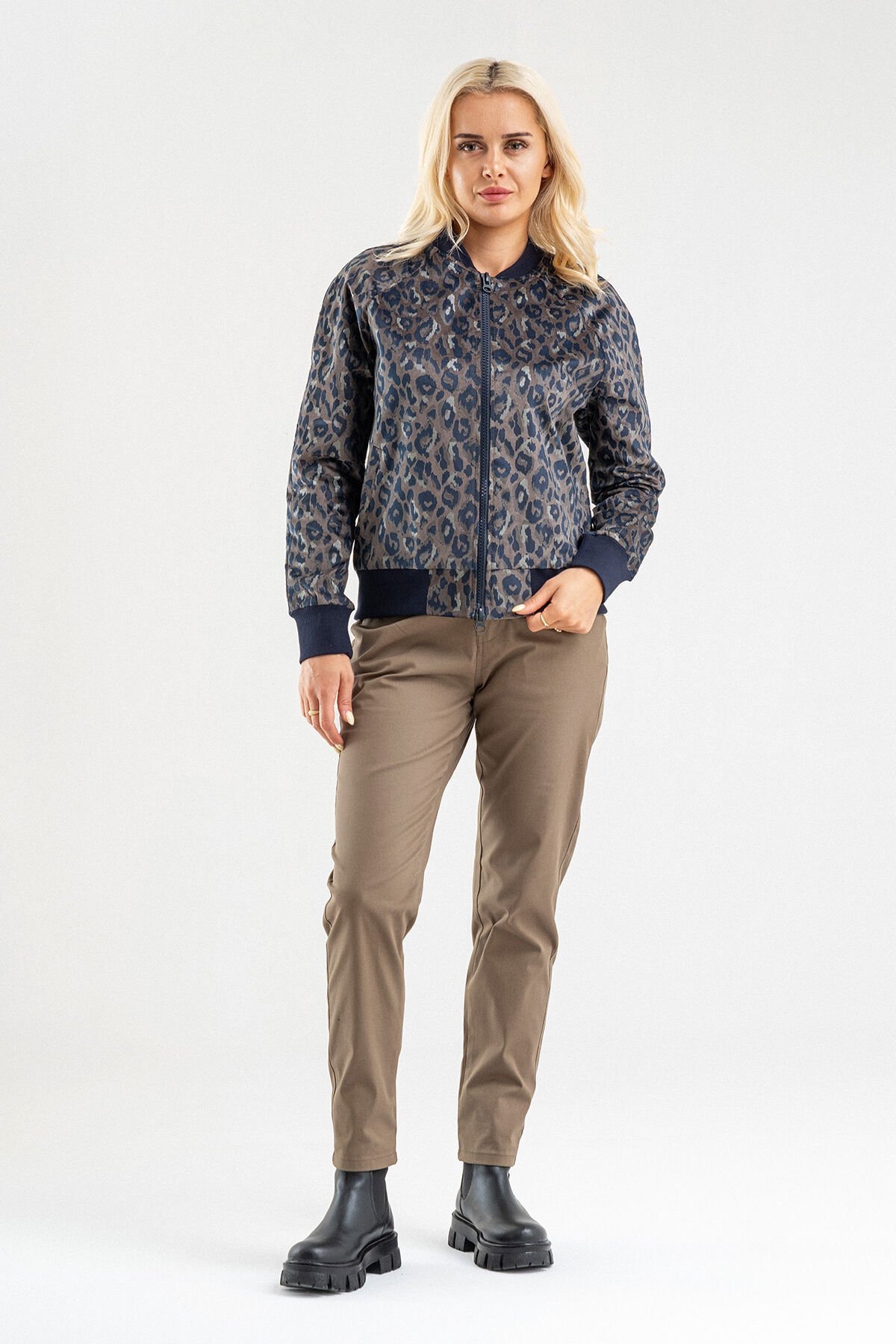 BOLD & YOUNG Kadın Desenli Likralı Pamuklu Kadife Kumaş, Çift Cepli, Kaşkorseli Pilot Mont Haki - 3XL