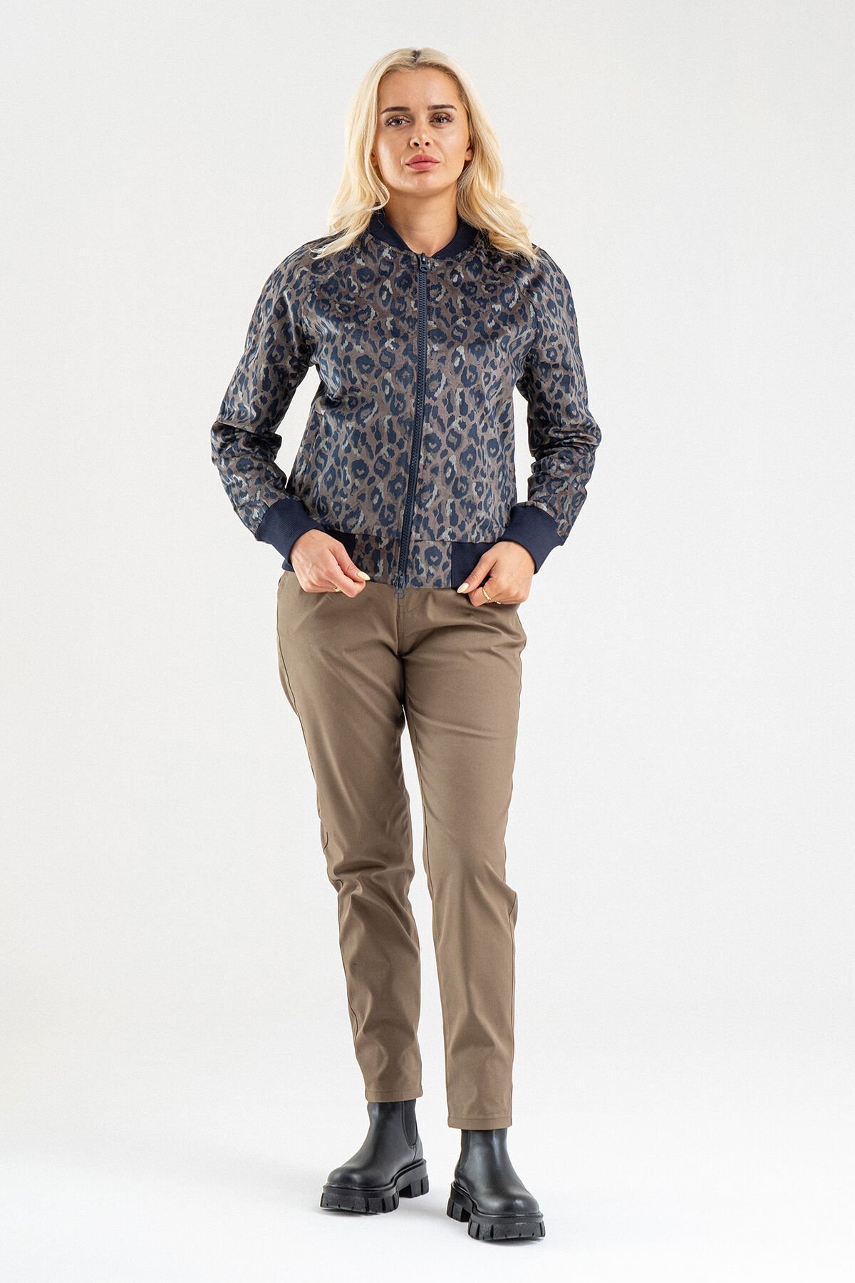 BOLD & YOUNG Kadın Desenli Likralı Pamuklu Kadife Kumaş, Çift Cepli, Kaşkorseli Pilot Mont Haki - 3XL