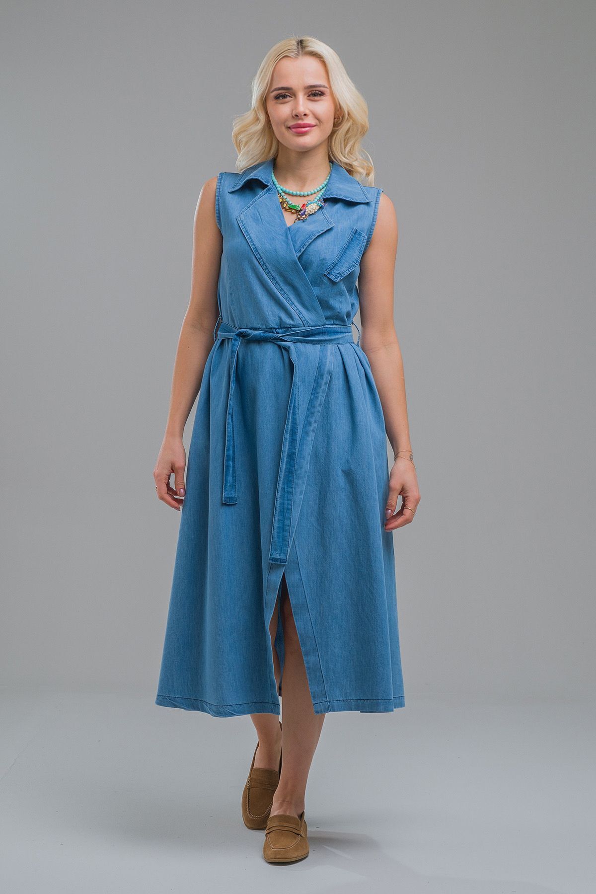 Kruvaze Kuşaklı Yırtmaçlı Maxi Boy Kolsuz Pamuklu Elbise XS - indigo açık mavi