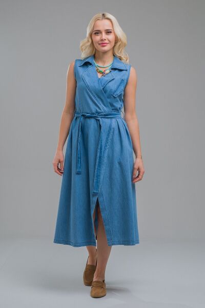 Kruvaze Kuşaklı Yırtmaçlı Maxi Boy Kolsuz Pamuklu Elbise XS - indigo açık mavi