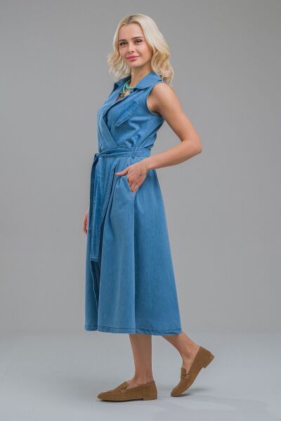 Kruvaze Kuşaklı Yırtmaçlı Maxi Boy Kolsuz Pamuklu Elbise XS - indigo açık mavi
