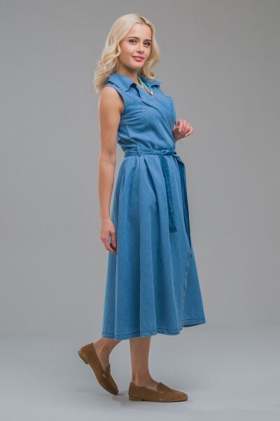 Kruvaze Kuşaklı Yırtmaçlı Maxi Boy Kolsuz Pamuklu Elbise XS - indigo açık mavi