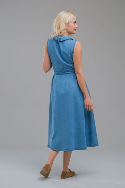 Kruvaze Kuşaklı Yırtmaçlı Maxi Boy Kolsuz Pamuklu Elbise XS - indigo açık mavi