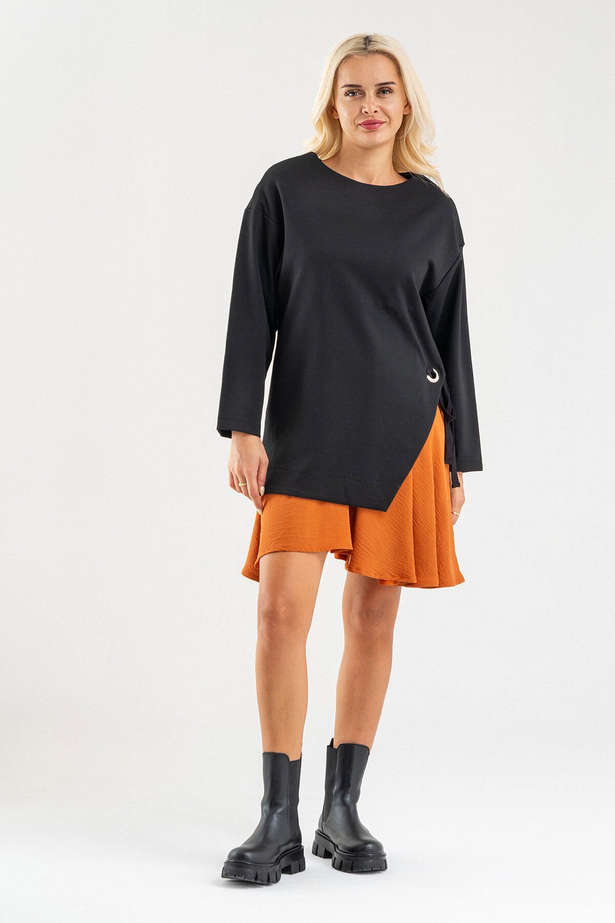 Bold&Young Kadın Aerobin Kumaş Kuş Gözü Detaylı Çelik Kumaş Elbise Turuncu - S/M