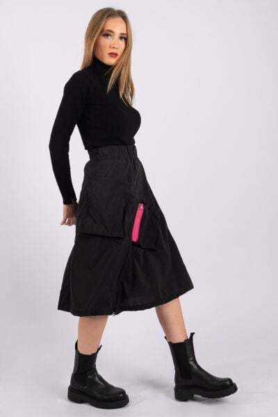 Kadın Fermuarlı Astarlı Cepli Paraşüt Etek Siyah - S