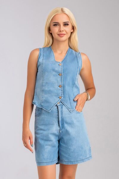 Kadın Bleach Yıkama  Lyocell İnce Denim Kumaş Kot Yelek bleach yıkama - S