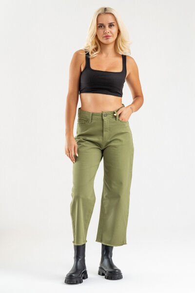 Kadın Bol Paça Beş Cepli Paça Saçaklı Likralı Pamuklu Pantolon S - Haki