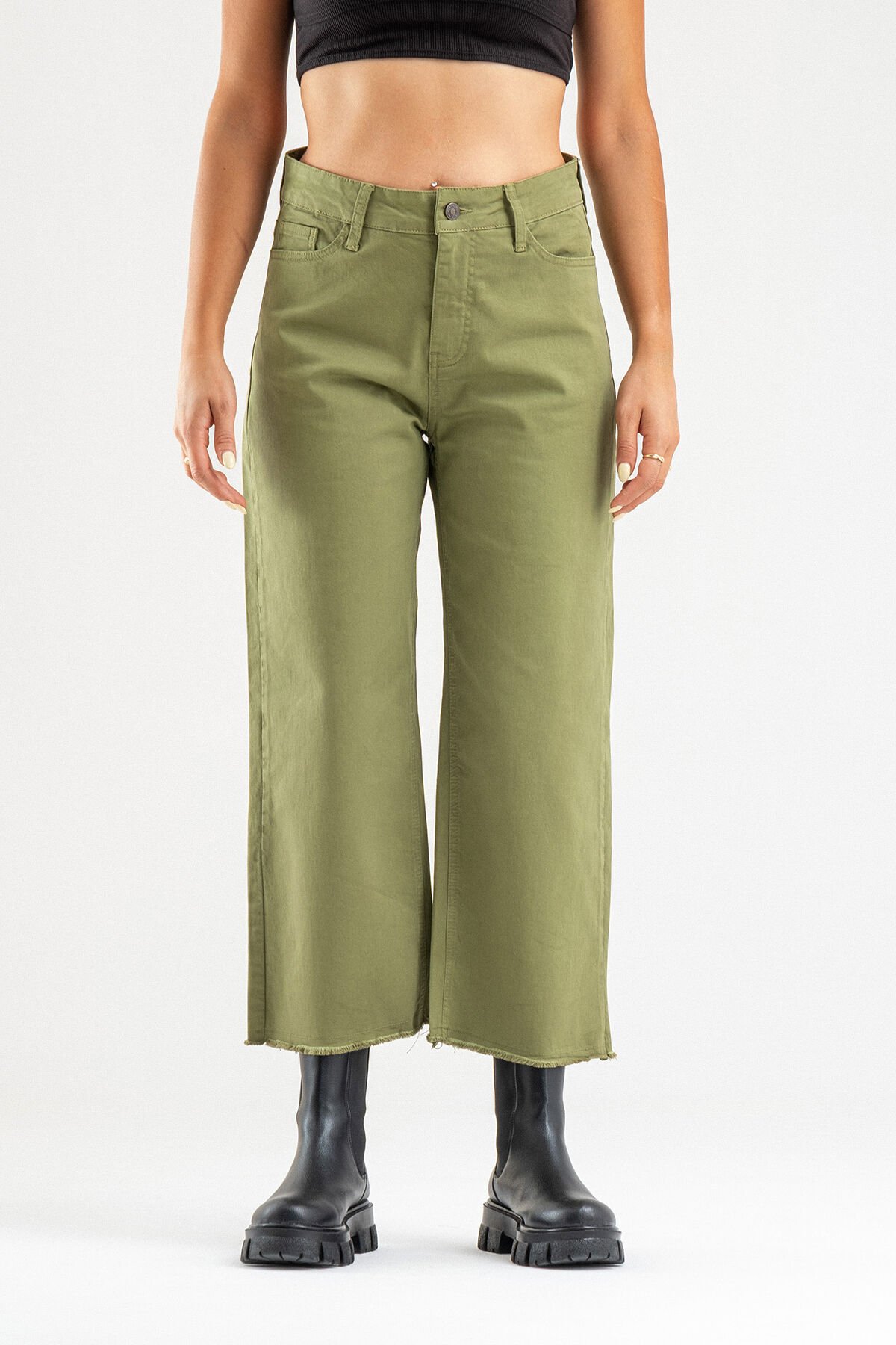 Kadın Bol Paça Beş Cepli Paça Saçaklı Likralı Pamuklu Pantolon S - Haki