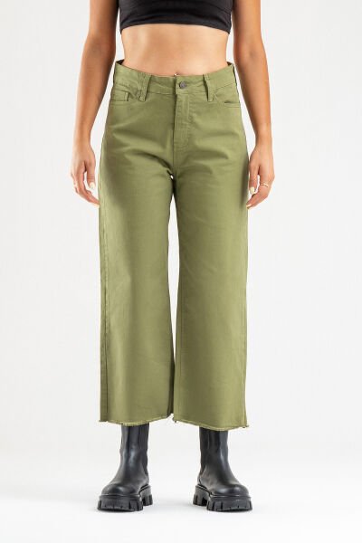 Kadın Bol Paça Beş Cepli Paça Saçaklı Likralı Pamuklu Pantolon S - Haki