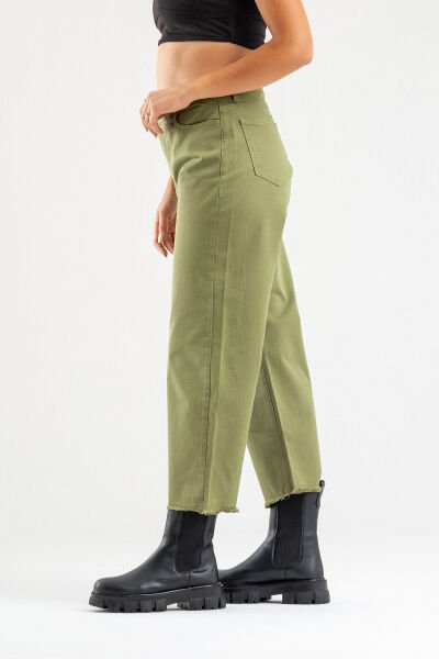 Kadın Bol Paça Beş Cepli Paça Saçaklı Likralı Pamuklu Pantolon S - Haki