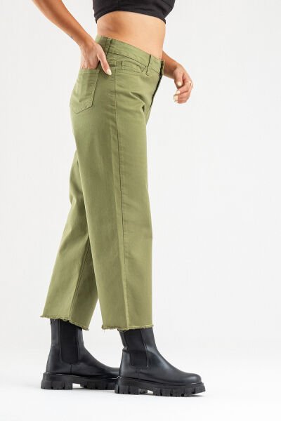 Kadın Bol Paça Beş Cepli Paça Saçaklı Likralı Pamuklu Pantolon S - Haki