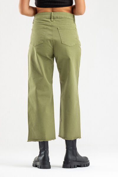 Kadın Bol Paça Beş Cepli Paça Saçaklı Likralı Pamuklu Pantolon S - Haki