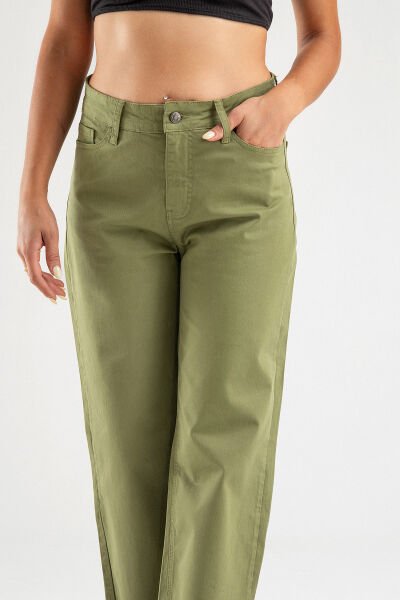 Kadın Bol Paça Beş Cepli Paça Saçaklı Likralı Pamuklu Pantolon S - Haki