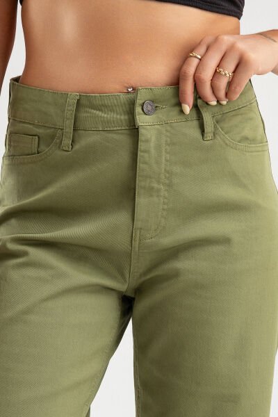 Kadın Bol Paça Beş Cepli Paça Saçaklı Likralı Pamuklu Pantolon S - Haki