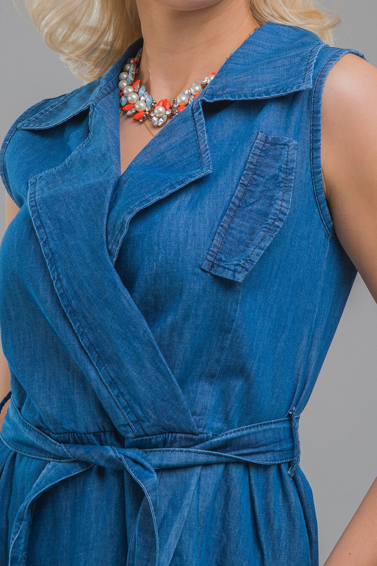 Kruvaze Kuşaklı Yırtmaçlı Maxi Boy Kolsuz Pamuklu Elbise S - indigo koyu mavi