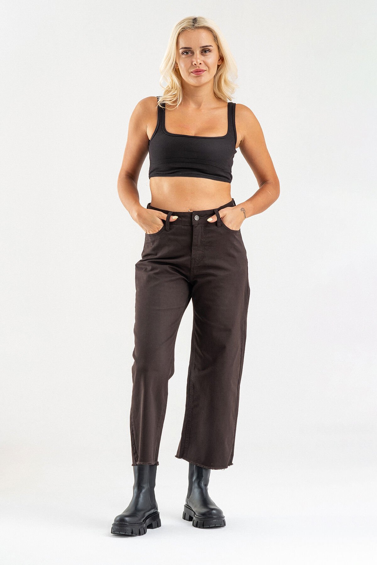 Kadın Bol Paça Beş Cepli Paça Saçaklı Likralı Pamuklu Pantolon S