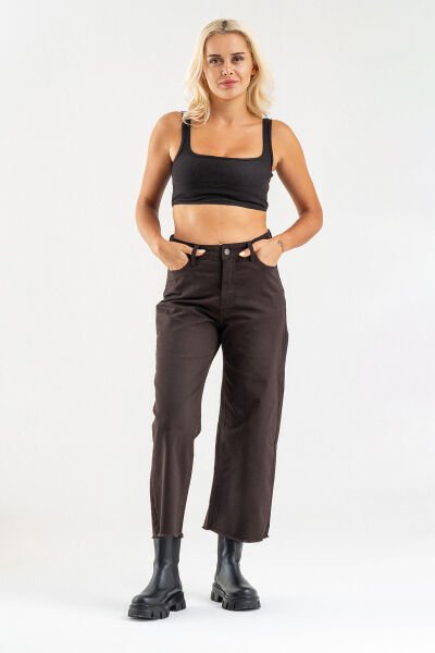 Kadın Bol Paça Beş Cepli Paça Saçaklı Likralı Pamuklu Pantolon S