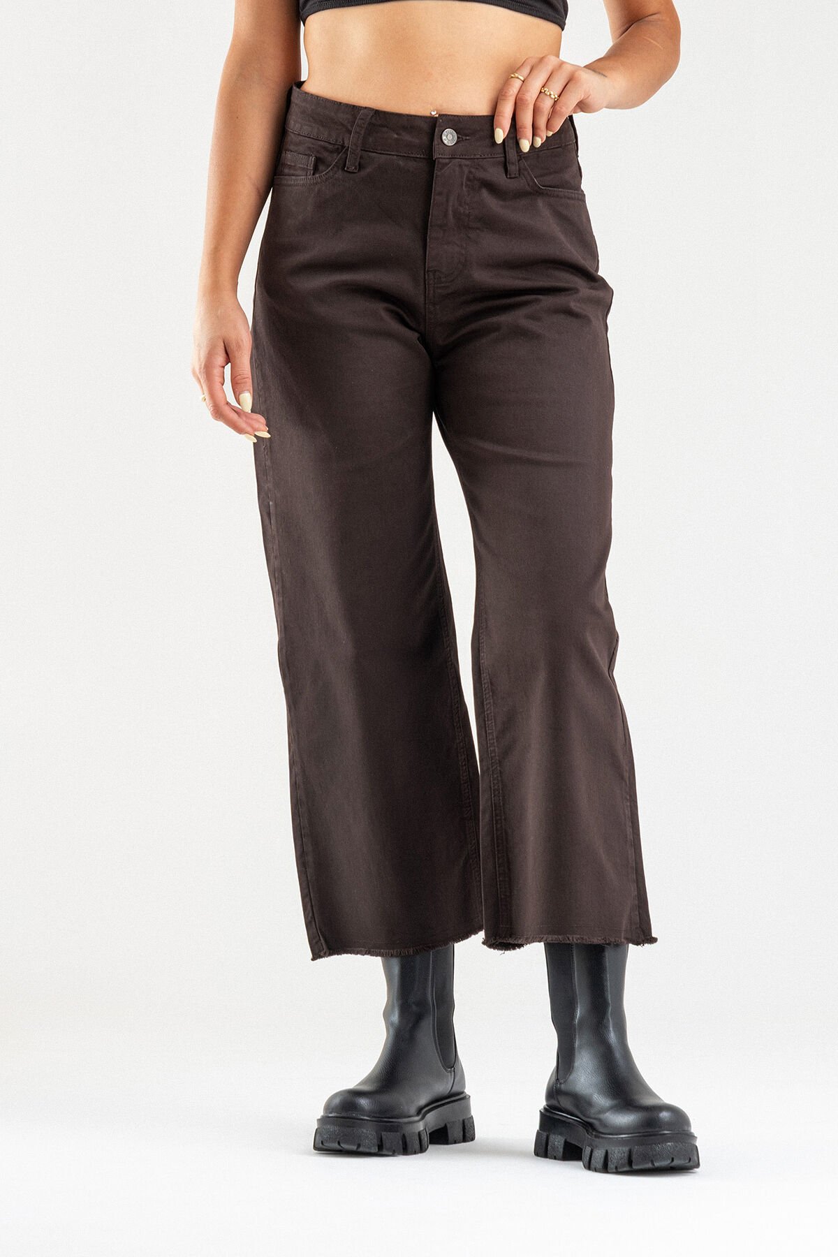 Kadın Bol Paça Beş Cepli Paça Saçaklı Likralı Pamuklu Pantolon S