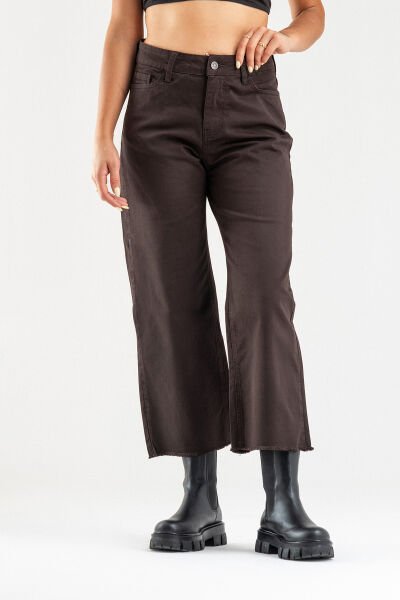 Kadın Bol Paça Beş Cepli Paça Saçaklı Likralı Pamuklu Pantolon S