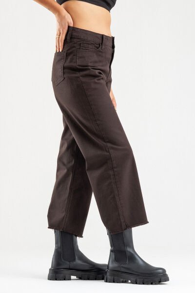 Kadın Bol Paça Beş Cepli Paça Saçaklı Likralı Pamuklu Pantolon S