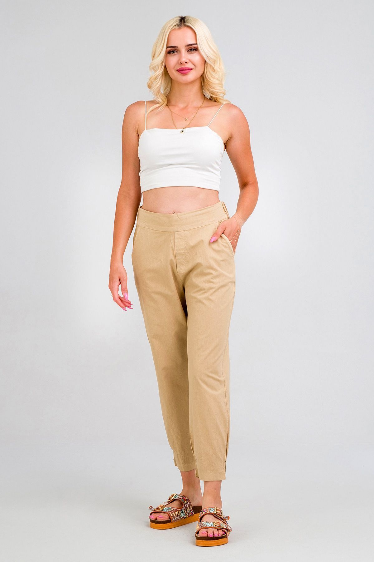 Kadın Siyah Pamuk Power Likralı Beli Lastikli Paça Lastikli Pantolon BEJ - M