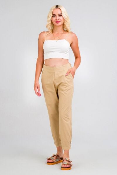 Kadın Siyah Pamuk Power Likralı Beli Lastikli Paça Lastikli Pantolon BEJ - M