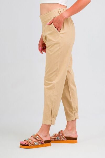 Kadın Siyah Pamuk Power Likralı Beli Lastikli Paça Lastikli Pantolon BEJ - M