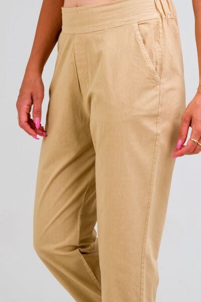 Kadın Siyah Pamuk Power Likralı Beli Lastikli Paça Lastikli Pantolon BEJ - M