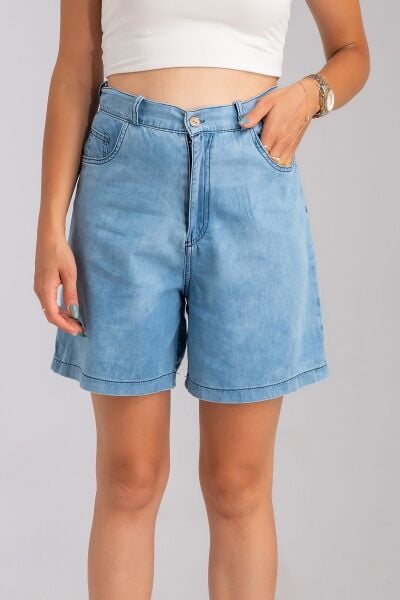 Kadın Beş Cepli Bleach Yıkama  Lyocell İnce Denim Kumaş Kot Şort M - bleach yıkama