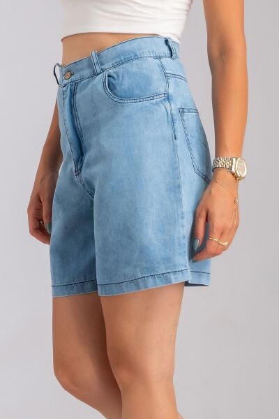 Kadın Beş Cepli Bleach Yıkama  Lyocell İnce Denim Kumaş Kot Şort M - bleach yıkama