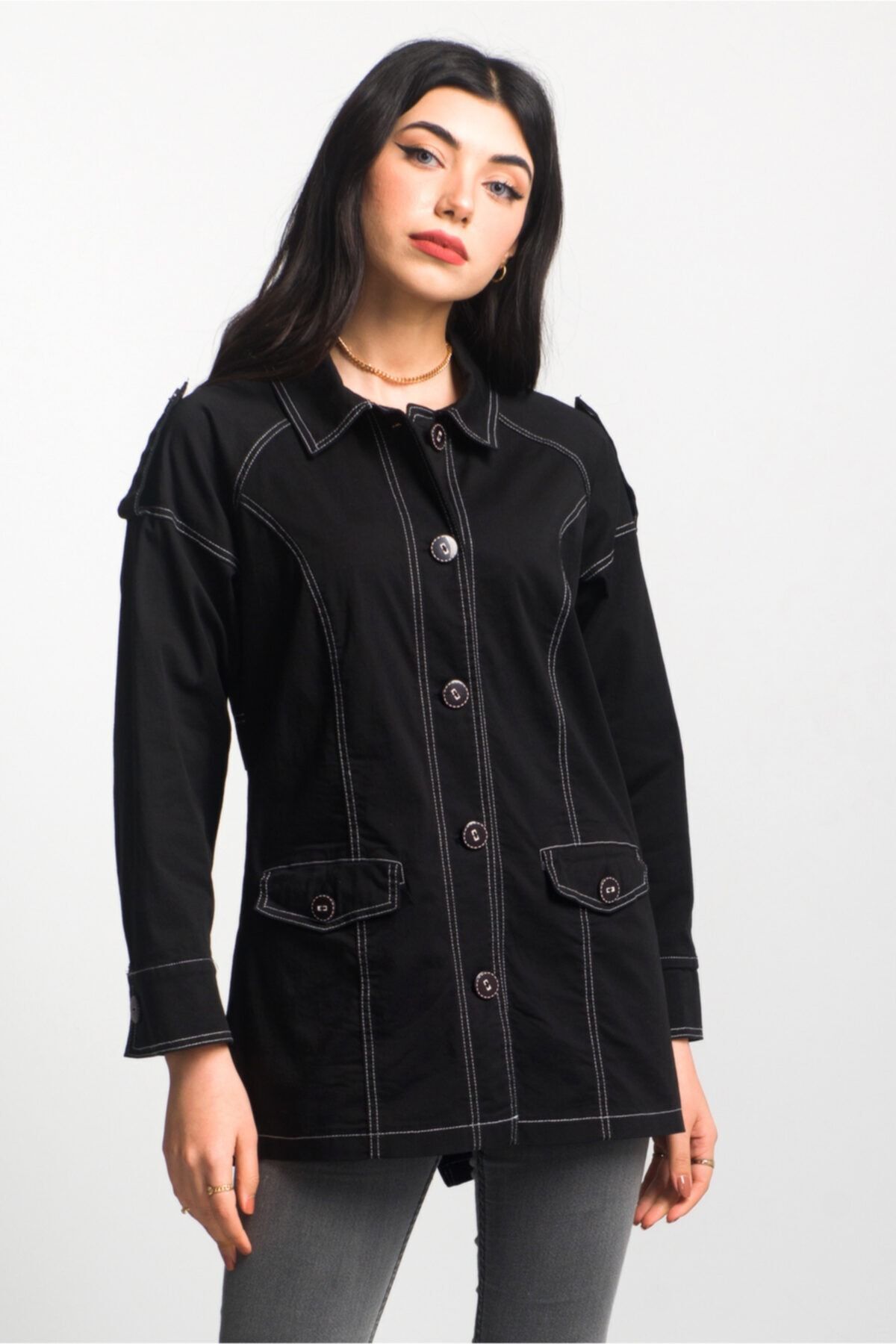 Kadın Siyah Baskılı Likralı Mont Siyah - L