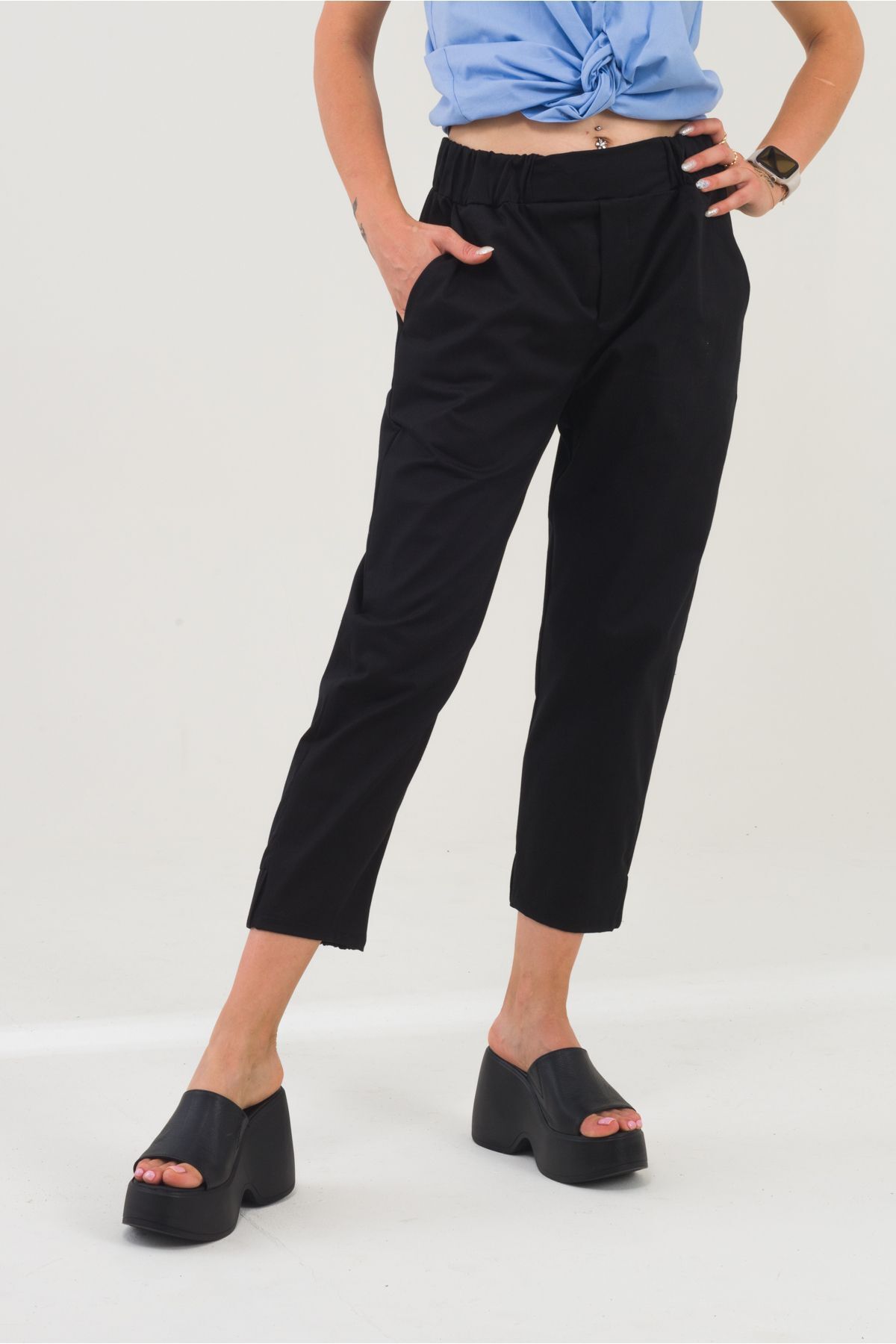 Kadın Siyah Pamuk Power Likralı Beli Lastikli Paça Lastikli Pantolon Siyah - M