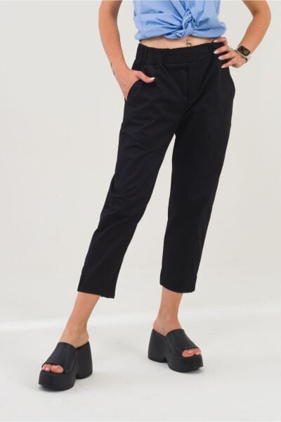 Kadın Siyah Pamuk Power Likralı Beli Lastikli Paça Lastikli Pantolon Siyah - M