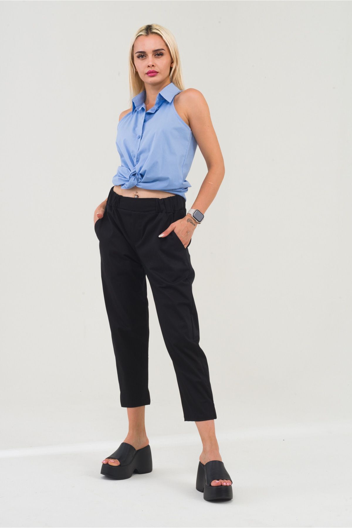 Kadın Siyah Pamuk Power Likralı Beli Lastikli Paça Lastikli Pantolon Siyah - M