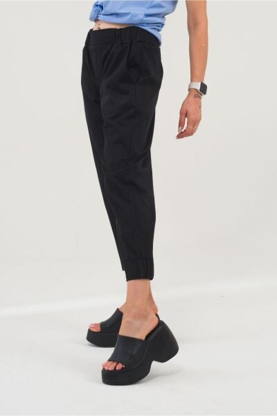 Kadın Siyah Pamuk Power Likralı Beli Lastikli Paça Lastikli Pantolon Siyah - M