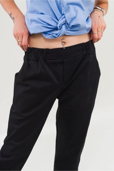 Kadın Siyah Pamuk Power Likralı Beli Lastikli Paça Lastikli Pantolon Siyah - M