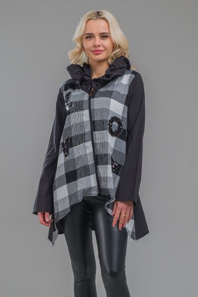 Kadın Siyah Renk Büzgülü Yakalı Nakışlı Gofre Kumaş Kombinli Paraşüt Ceket L - Siyah