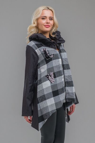 Kadın Siyah Renk Büzgülü Yakalı Nakışlı Gofre Kumaş Kombinli Paraşüt Ceket L - Siyah