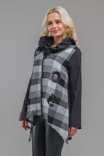 Kadın Siyah Renk Büzgülü Yakalı Nakışlı Gofre Kumaş Kombinli Paraşüt Ceket L - Siyah