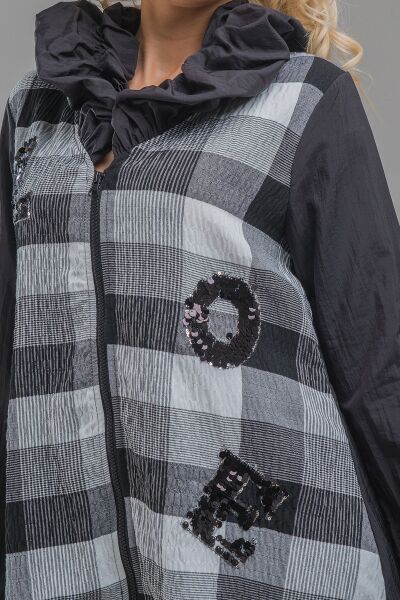 Kadın Siyah Renk Büzgülü Yakalı Nakışlı Gofre Kumaş Kombinli Paraşüt Ceket L - Siyah