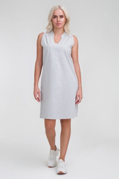 Cepli Yıkanmış Pamuk Likralı Elbise mavi ekru çizgili - 3XL